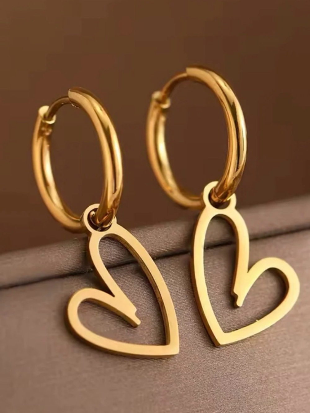 Gold Heart Hoop Drop Earrings - Stainless Steel - Picture 5 of 8